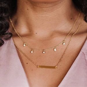Fosterie Handmade Gold Layered Gem Necklace Bar Rhinestones